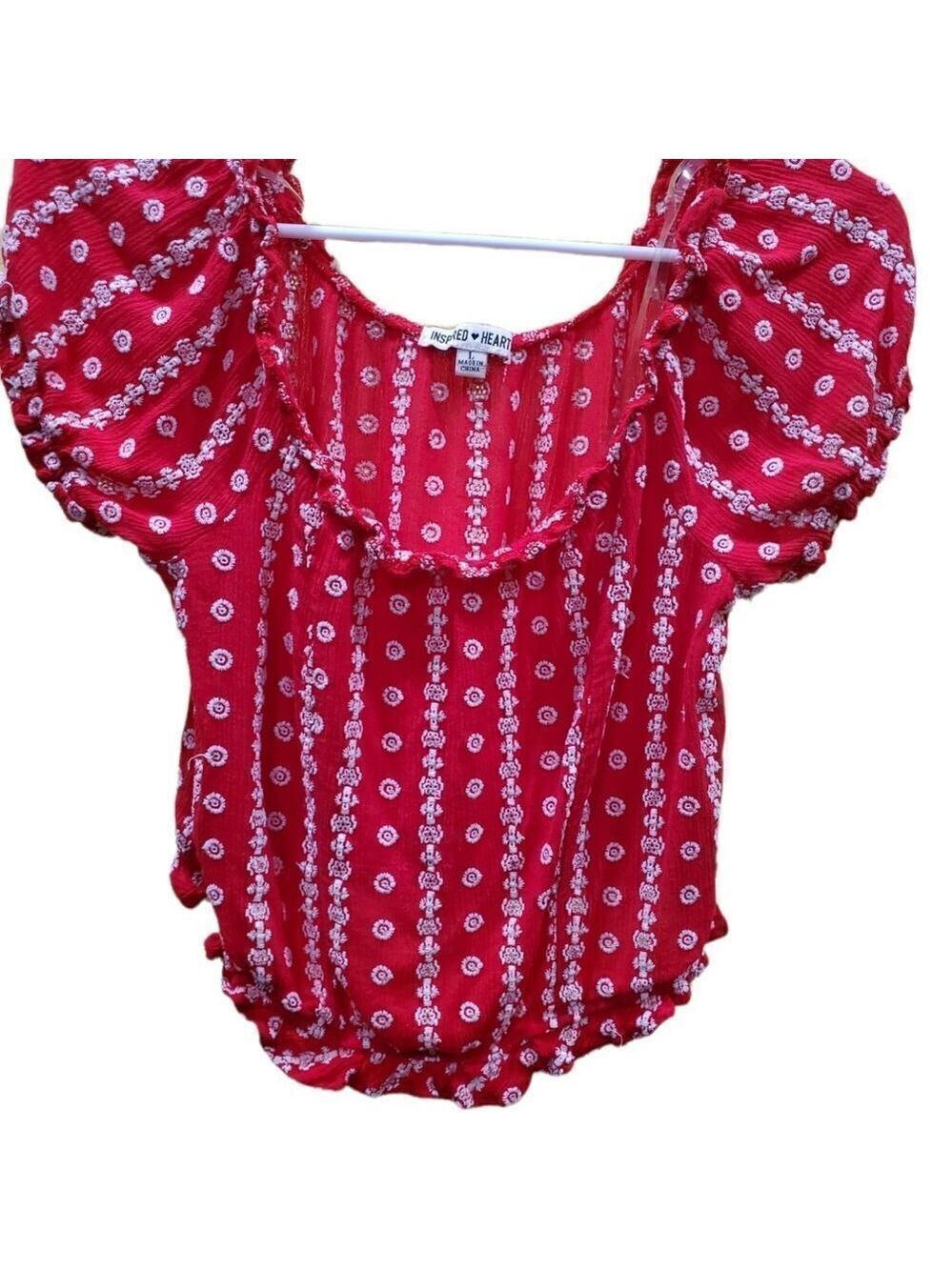 Inspired Hearts Red Boho Puff Sleeve Crop Top Large